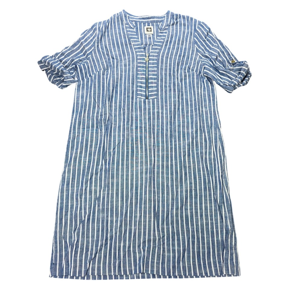 Anne Klein Striped Zip Neck Shift Dress Women's Size 10 Blue White Cotton Blend
